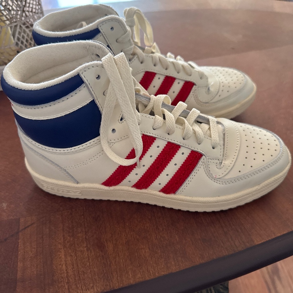 Adidas White Sneakers with Red and Blue Highlights